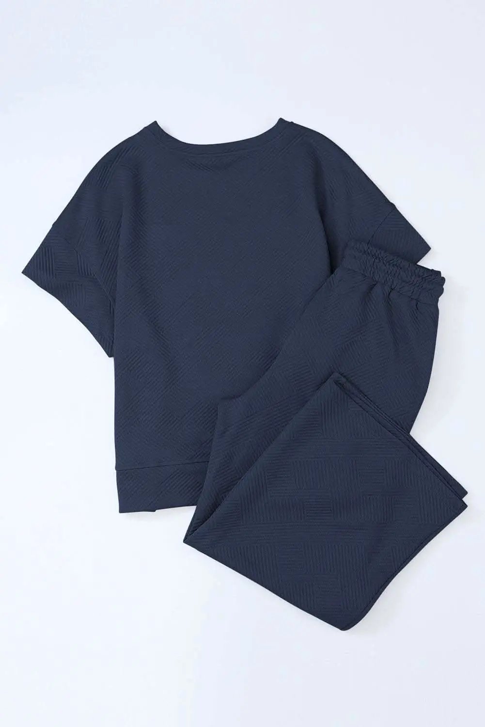 Navy Blue Textured Loose Fit T Shirt and Drawstring Pants Set - Love Salve